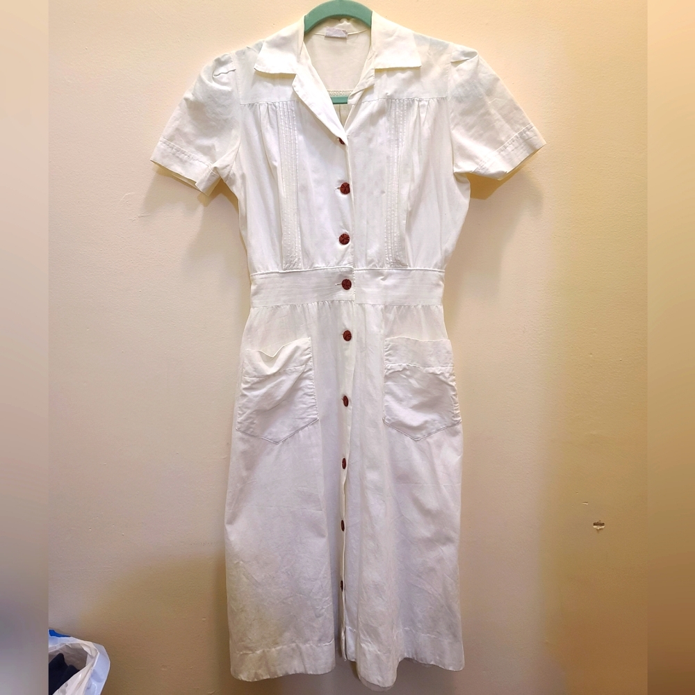Vintage 40's White Cotton/ Red Button Dress S